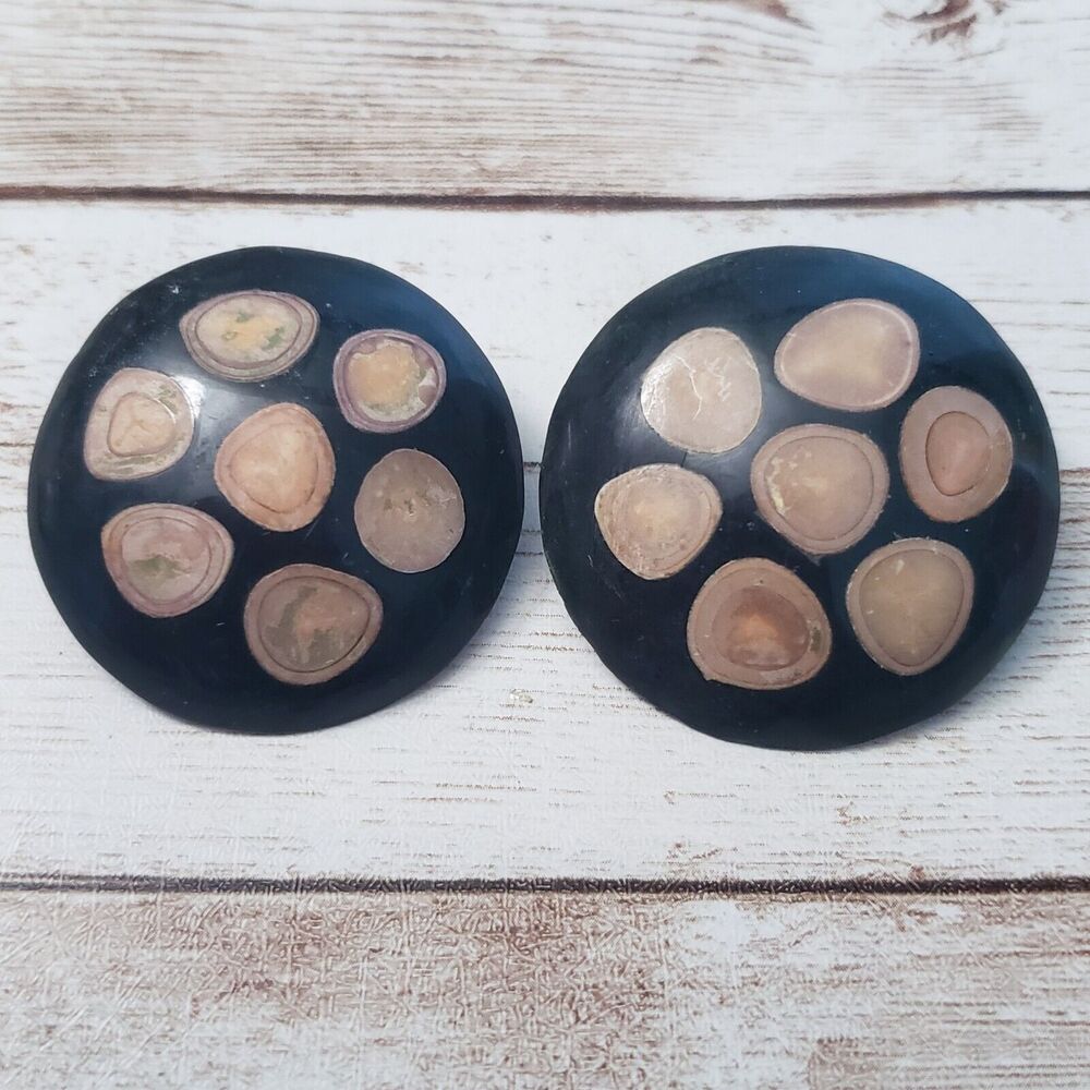 Vintage Clip On Earrings Large Chunky Black Slightly Domed with Tan Spots